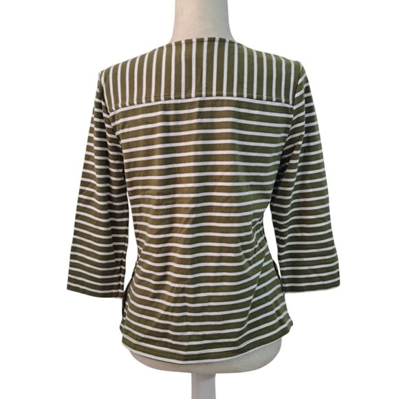 C Wonder Women's 3/4 Sleeve Full Zip Jacket Top Cotton Green White Striped Sz 8 - Picture 5 of 8